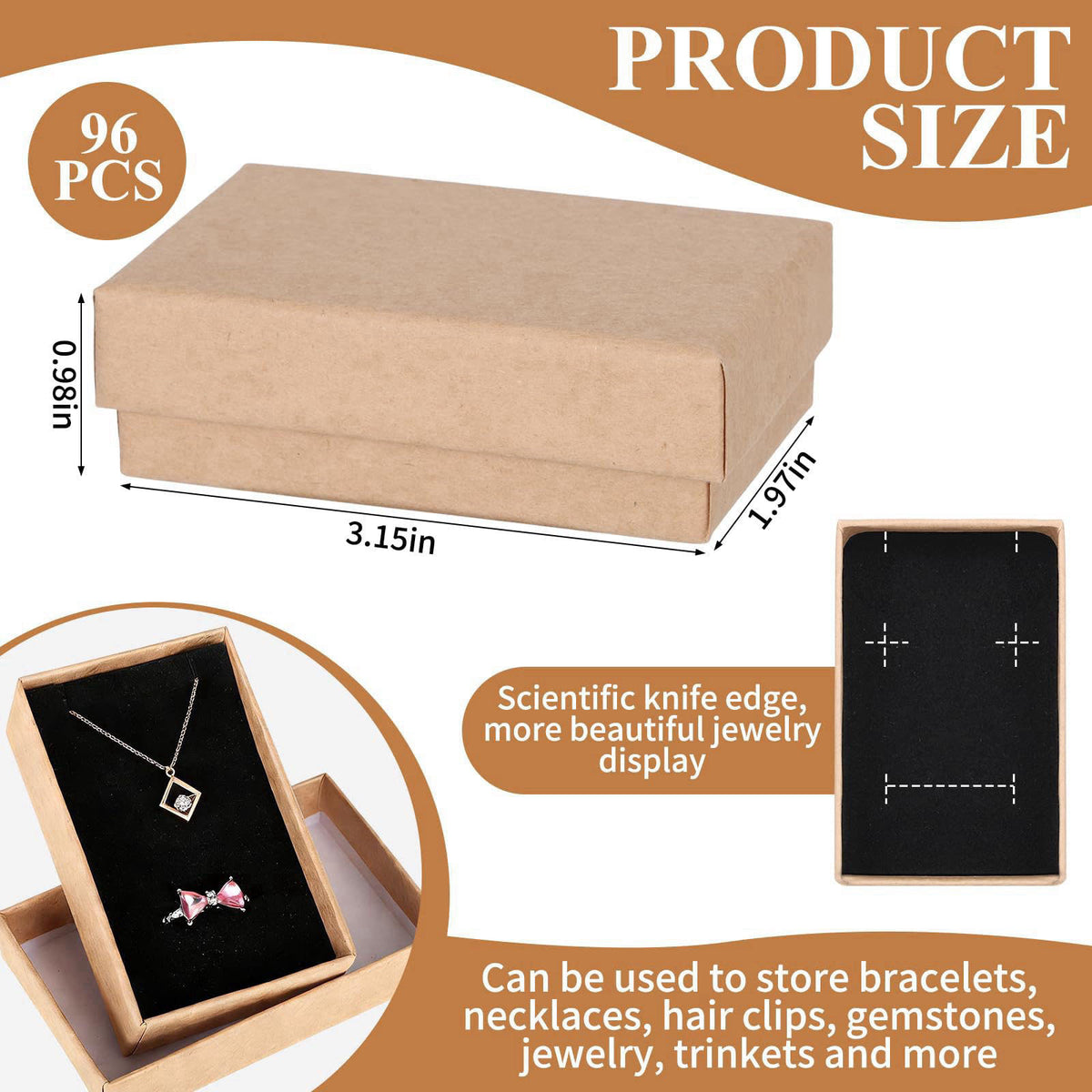 FUPMILPHRANX 96 Pack Jewelry Gift Boxes with Lids, Small Kraft Jewelry Packaging Boxes with Foam Inserts for Necklaces E