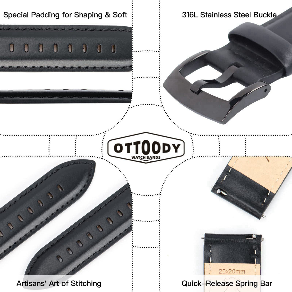OTTOODY Leather Watch Bands Quick Release, Elegant Top Grain Leather Watch Straps for Men & Women, Choice of Color & Wid