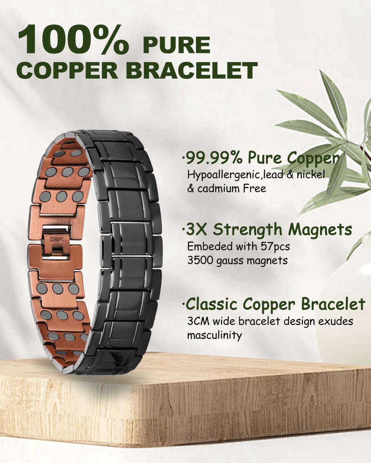 MagEnergy Copper Bracelet for Men-3X Copper Magnetic Bracelets – close-up detail in Black Smooth+ring