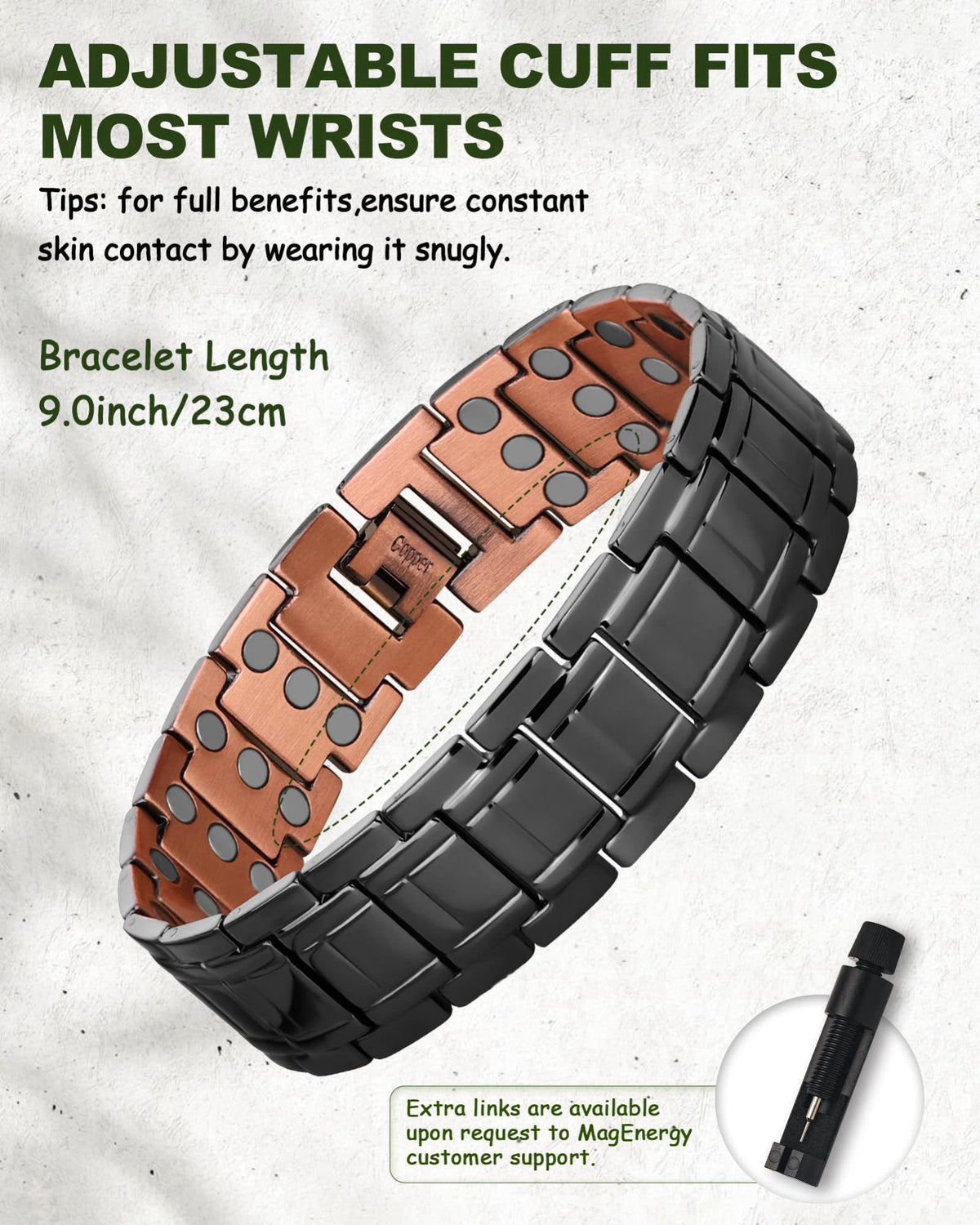 MagEnergy Copper Bracelet for Men-3X Copper Magnetic Bracelets – back view and specifications