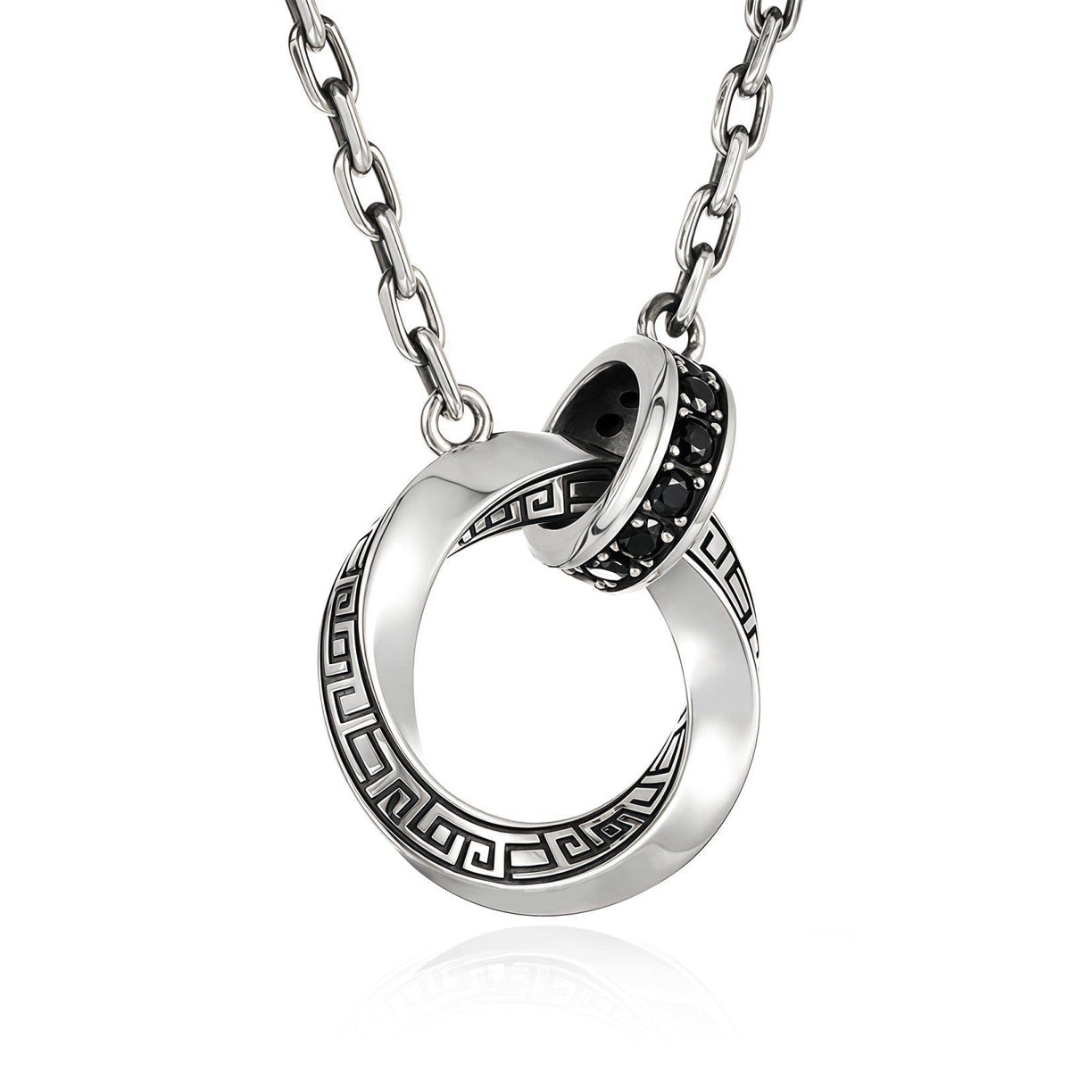 BRAYEG Möbius Strip Men's Necklace, Double Ring Black Onyx Pendant Necklace for Men, Silver Interlocking Circle Mens Nec