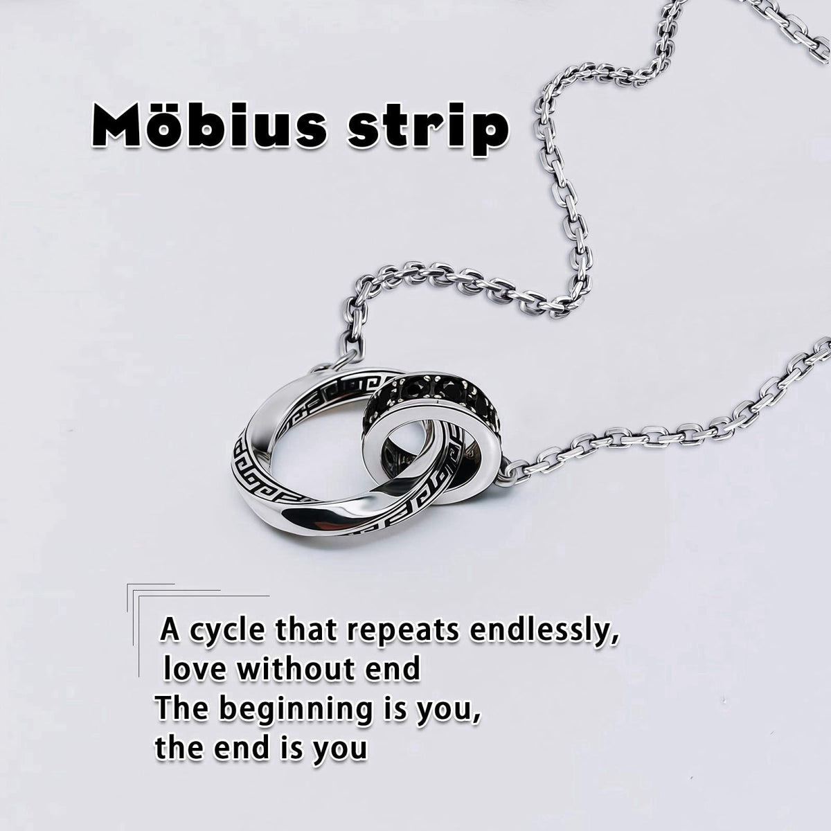 BRAYEG Möbius Strip Men's Necklace, Double Ring Black Onyx Pendant Necklace for Men, Silver Interlocking Circle Mens Nec