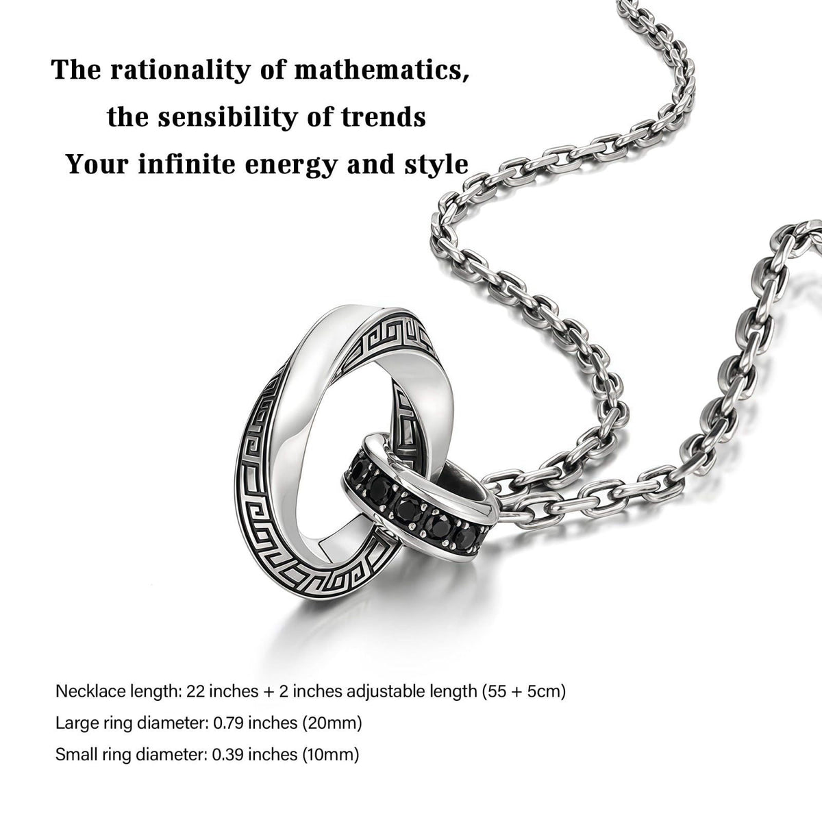 BRAYEG Möbius Strip Men's Necklace, Double Ring Black Onyx Pendant Necklace for Men, Silver Interlocking Circle Mens Nec