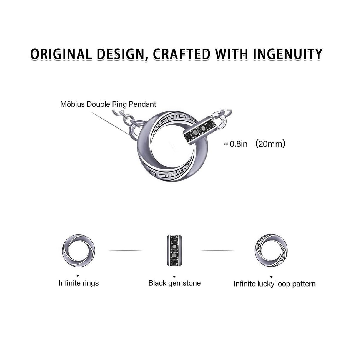 BRAYEG Möbius Strip Men's Necklace, Double Ring Black Onyx Pendant Necklace for Men, Silver Interlocking Circle Mens Nec
