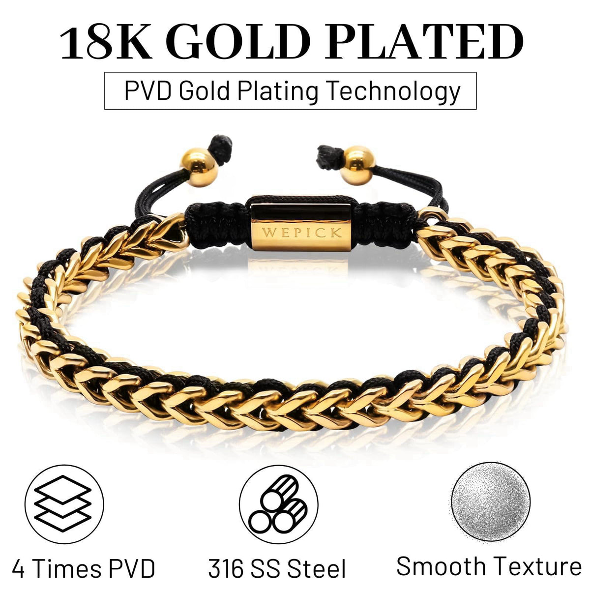 WP WEPICK 18K Gold-Plated Bracelets for Men Franco Link Chain Adjustable – close-up detail