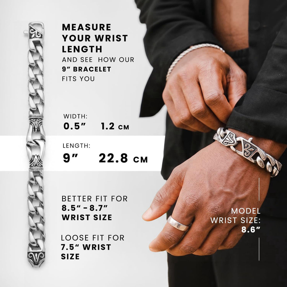 Urban Jewelry Men's Stainless Steel, Leather Link Bracelet Collection – back view and specifications