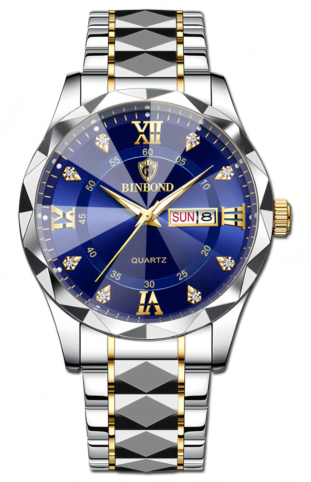 Gosasa Luxury Men's and Women's Business Diamond Stainless Steel Waterproof Roman Numeral Analog Quartz Watch with Day-D