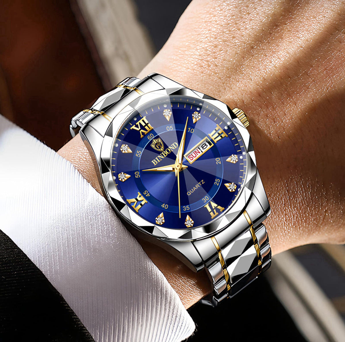 Gosasa Luxury Men's and Women's Business Diamond Stainless Steel Waterproof Roman Numeral Analog Quartz Watch with Day-D