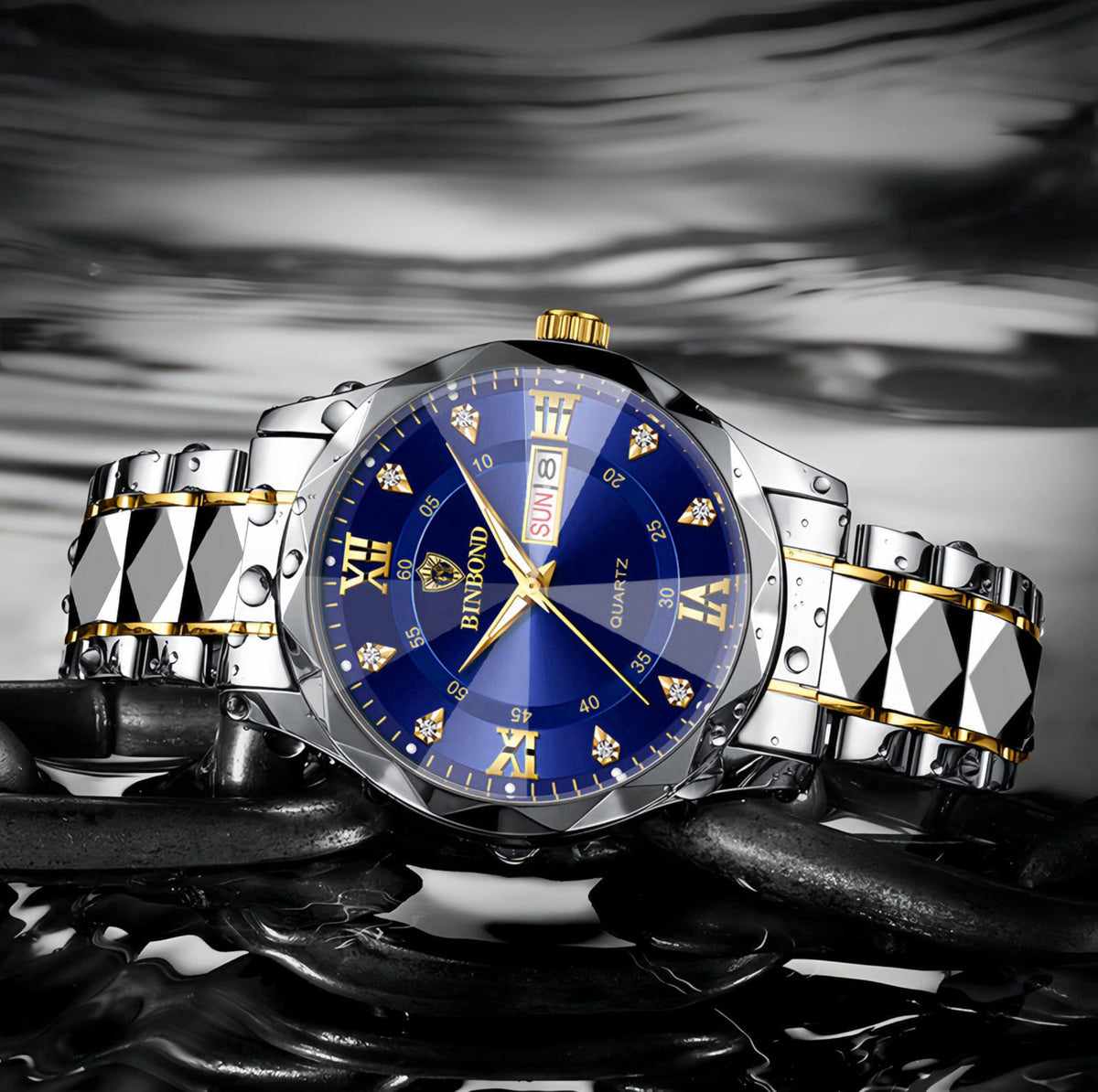 Gosasa Luxury Men's and Women's Business Diamond Stainless Steel Waterproof Roman Numeral Analog Quartz Watch with Day-D