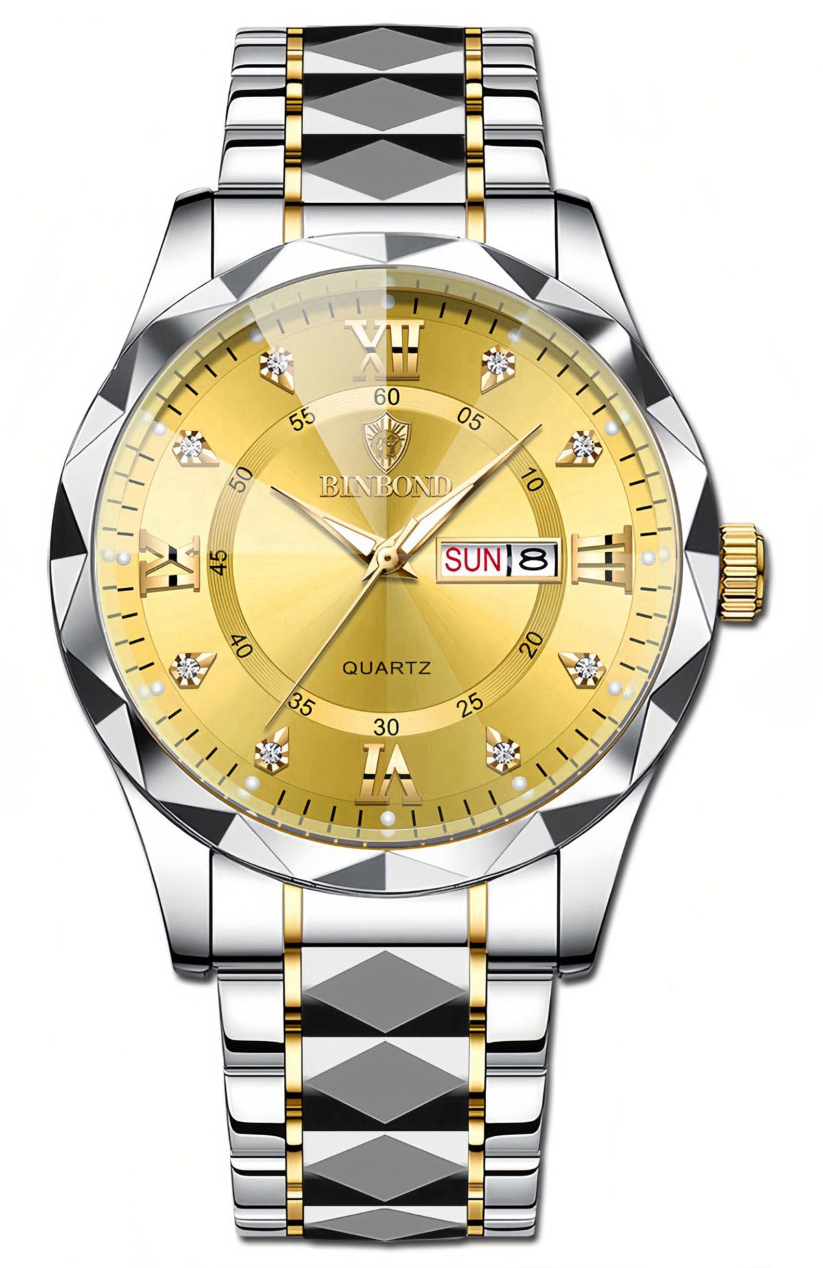Gosasa Luxury Men's and Women's Business Diamond Stainless Steel Waterproof Roman Numeral Analog Quartz Watch with Day-D