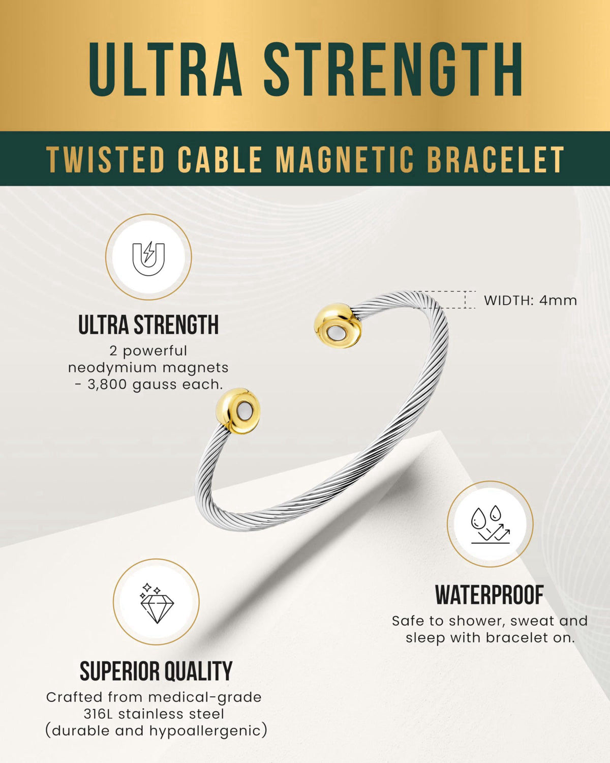 MagnetRX® Twisted Cable Magnetic Bracelet Cuff (Silver/Gold, Medium) – full view, size Medium (Pack of 1)