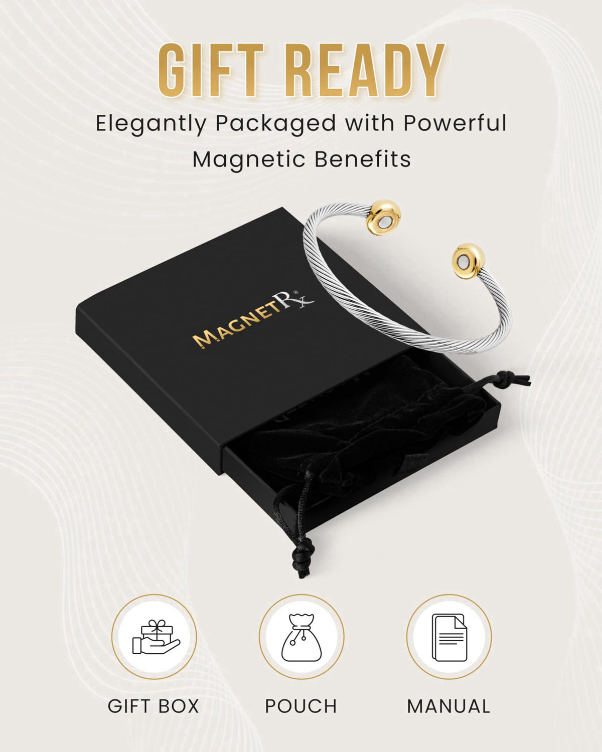 MagnetRX® Twisted Cable Magnetic Bracelet Cuff (Silver/Gold, Medium) – alternate angle