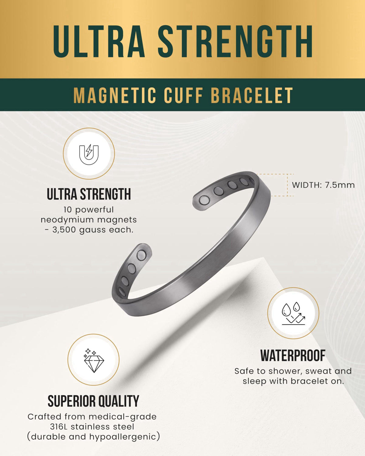 MagnetRX® Magnetic Cuff Bracelets for Men & Women (Brushed Silver/Medium) – full view, size Medium (Pack of 1)