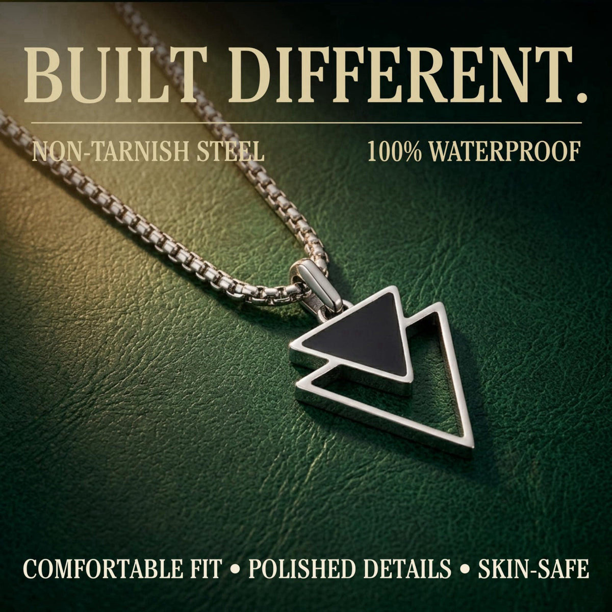 Galis Mens Necklace - Premium Stainless Steel Silver Chain Necklace, Non Tarnish, Chains, Triangle, Cross, Black Enamel,