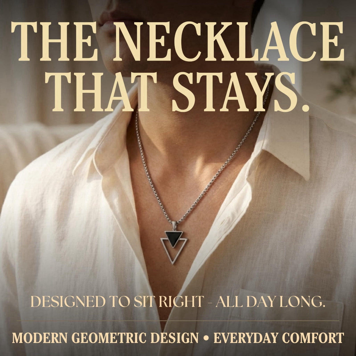 Galis Mens Necklace - Premium Stainless Steel Silver Chain Necklace, Non Tarnish, Chains, Triangle, Cross, Black Enamel,
