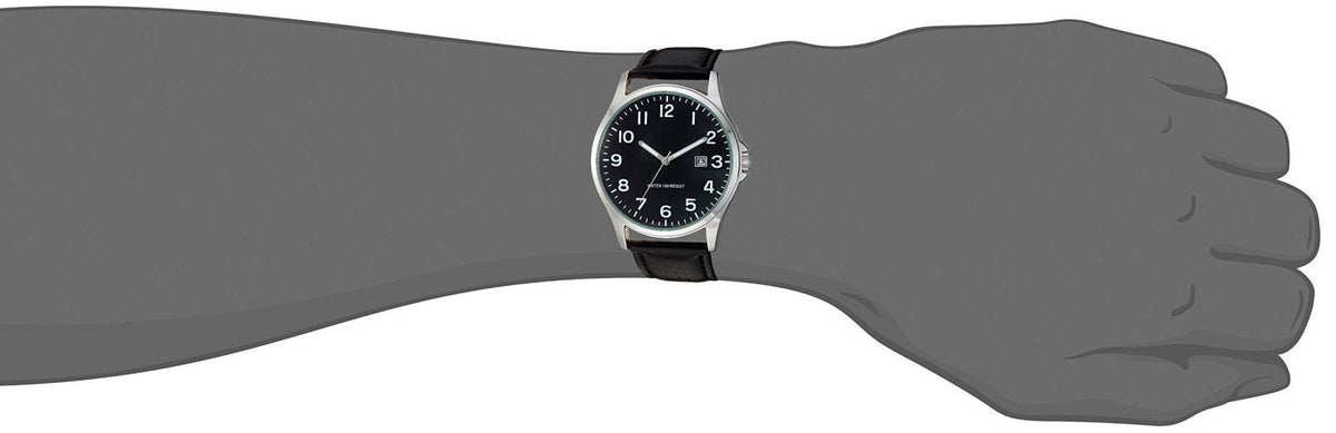Amazon Essentials Men's Easy to Read 42mm Leather Band Analog Watch – packaging and label
