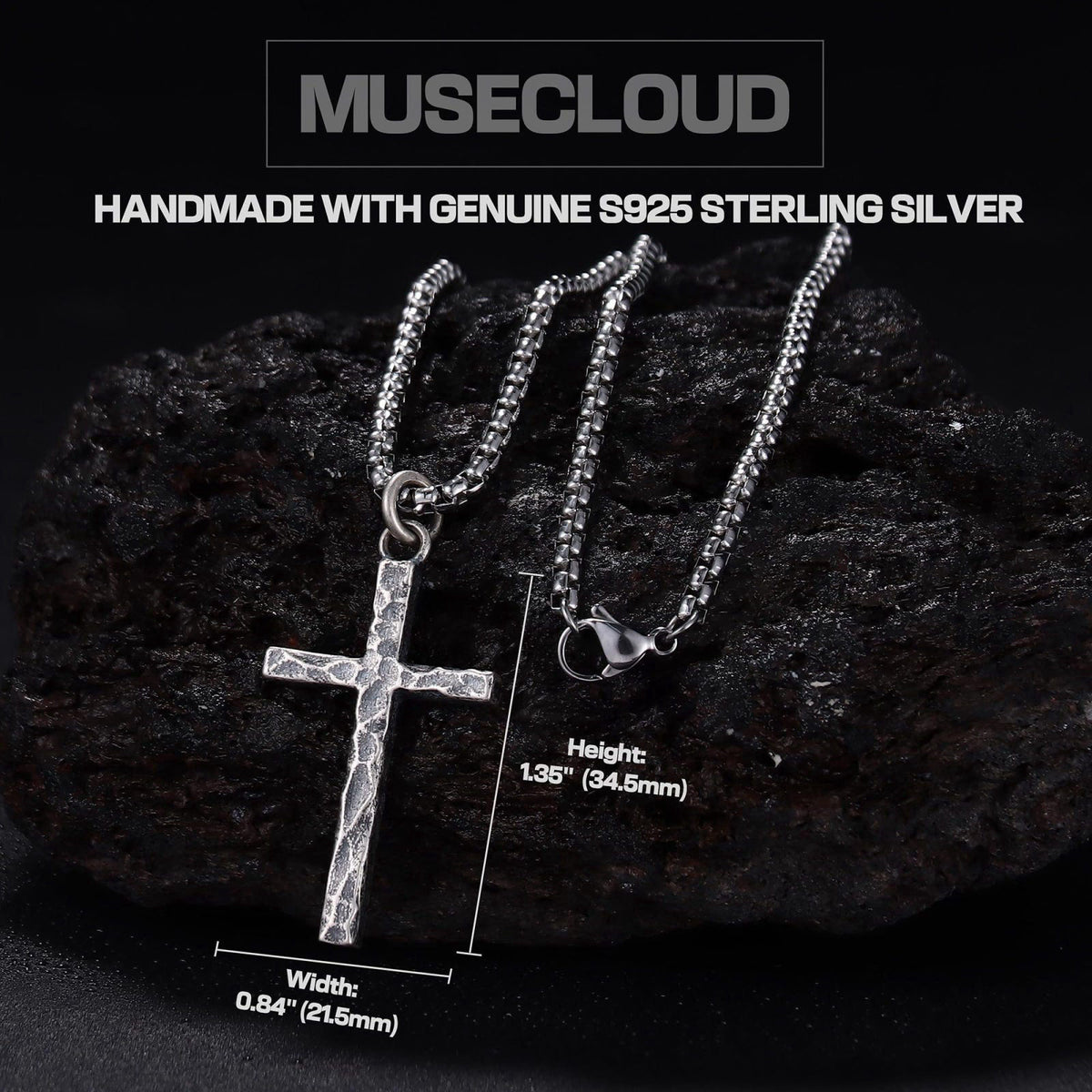 MUSECLOUD 925 Sterling Silver Cross Necklace for Men Box/Cuban/Figaro Chain – packaging and label