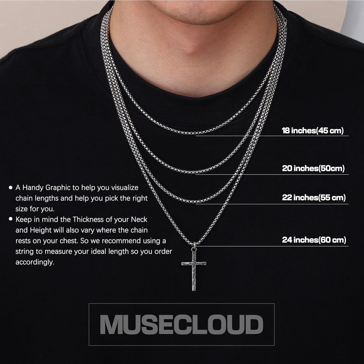 MUSECLOUD 925 Sterling Silver Cross Necklace for Men Box/Cuban/Figaro Chain – full view