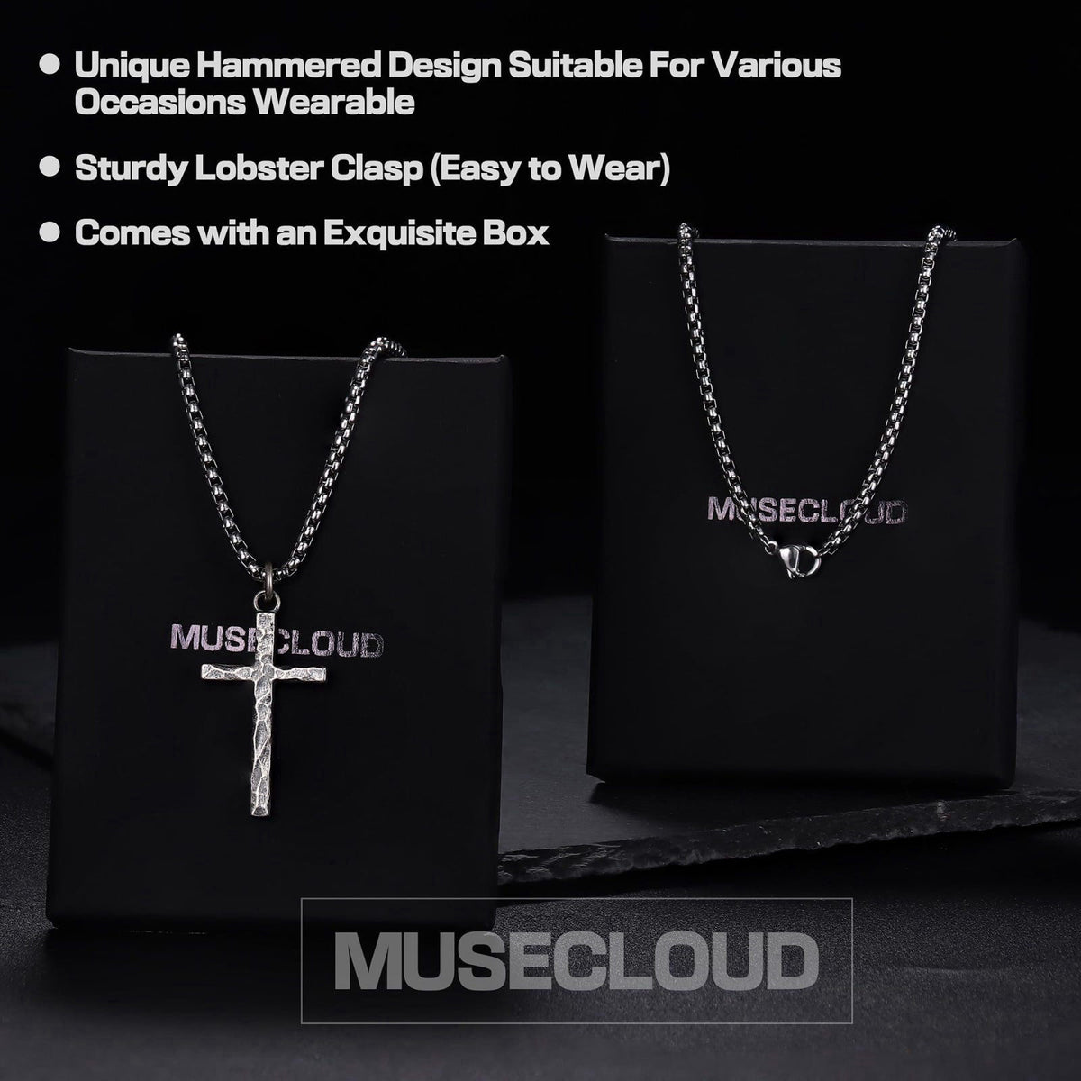 MUSECLOUD 925 Sterling Silver Cross Necklace for Men Box/Cuban/Figaro Chain – back view and specifications