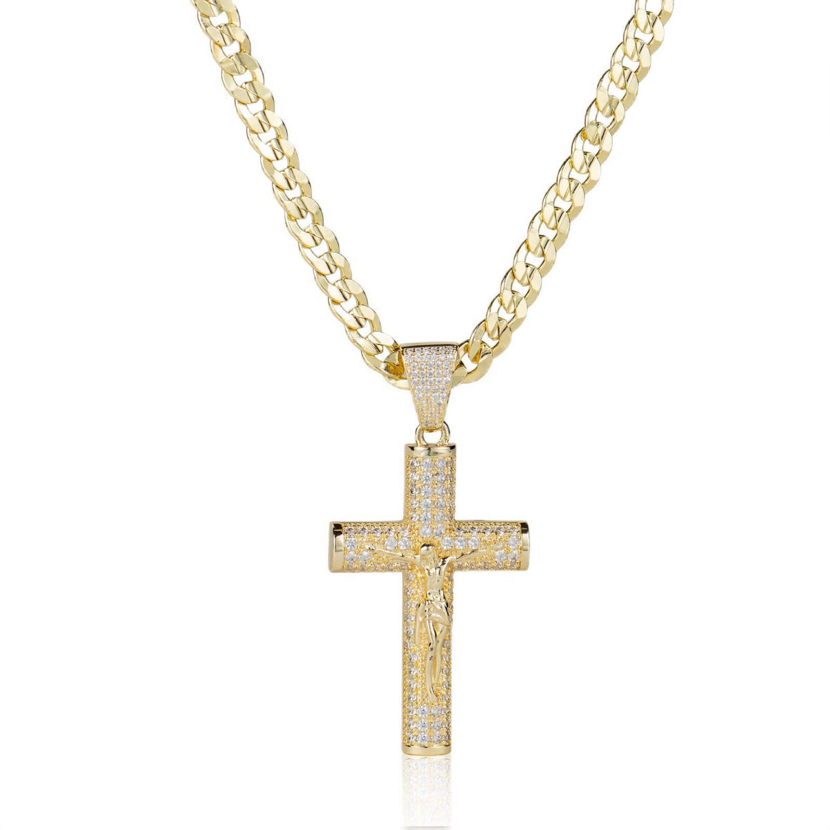 Holylegend 14K Gold-Plated Miami Chain Cross Necklace for Men with Luxury Gift Box, Jesus Christ Crucifix Pendant, Chris