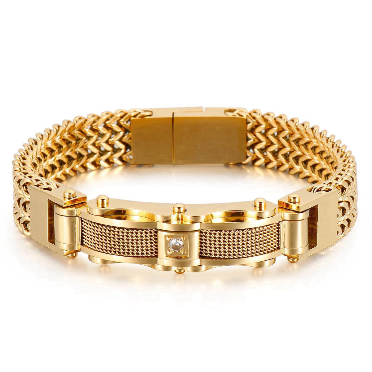 Klapgo Gold Mens Stainless Steel Franco Link Chain Bracelet,Fashion Cable Bracelet with Cubic Zirconia Gold Silver Black