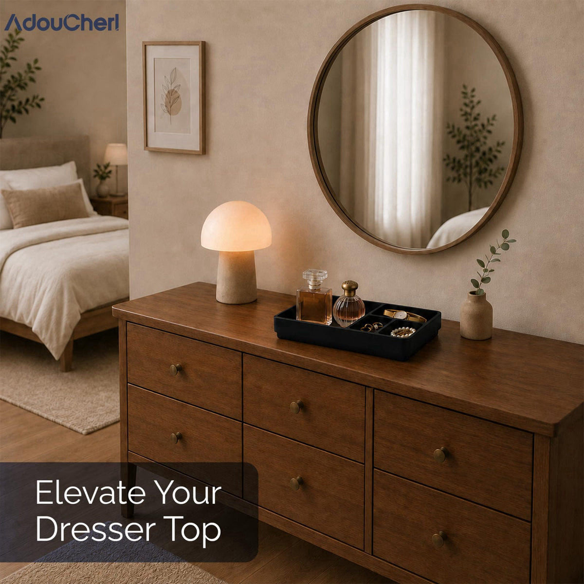 AdouCherI Dresser Trays Organizer for Bedroom — 13x8 Multi-Compartment Velvet-Lined Catchall Tray for Watch, Wallet, Key