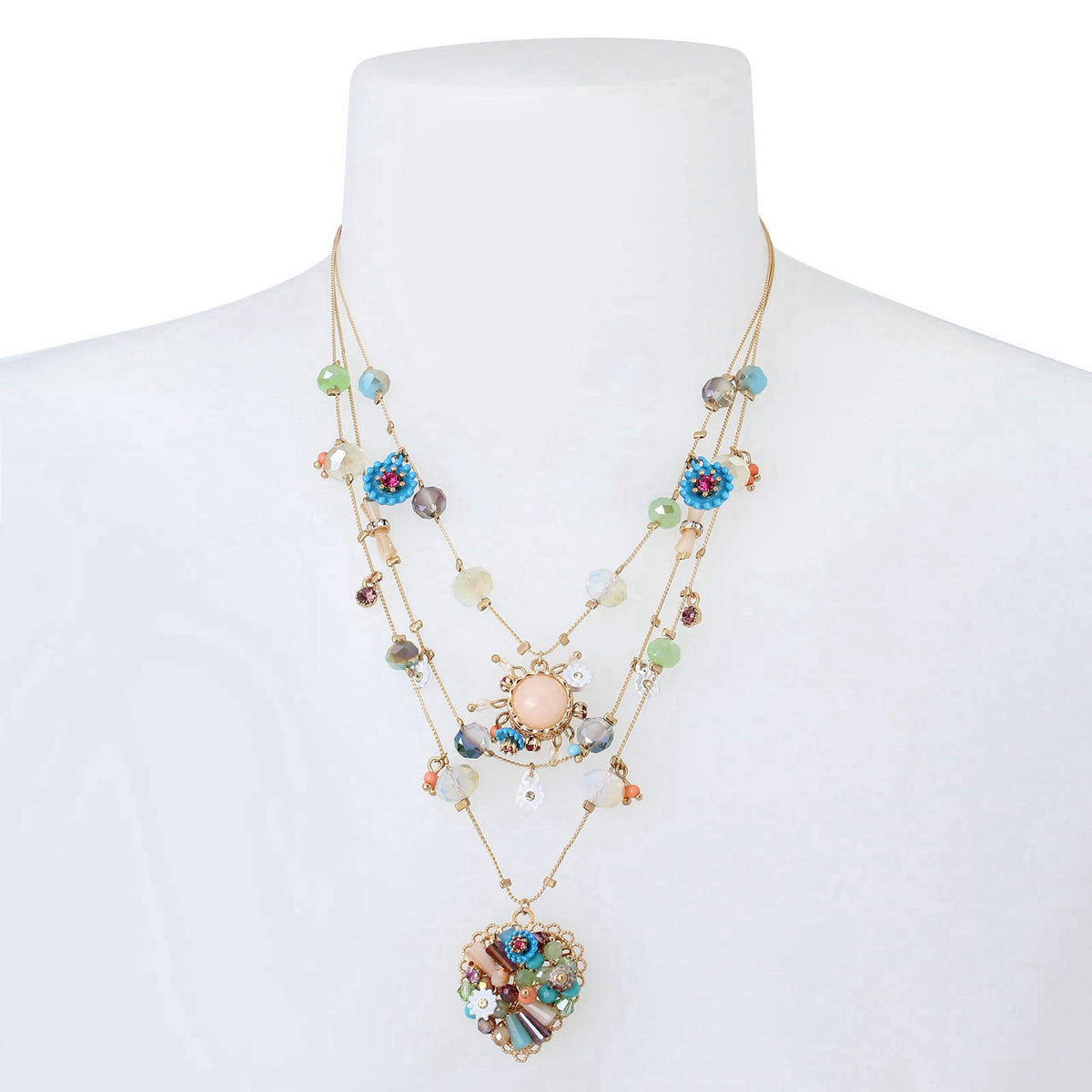 Betsey Johnson Womens Butterfly Charms Layered Necklace – close-up detail in Heart Charms Multi/Gold