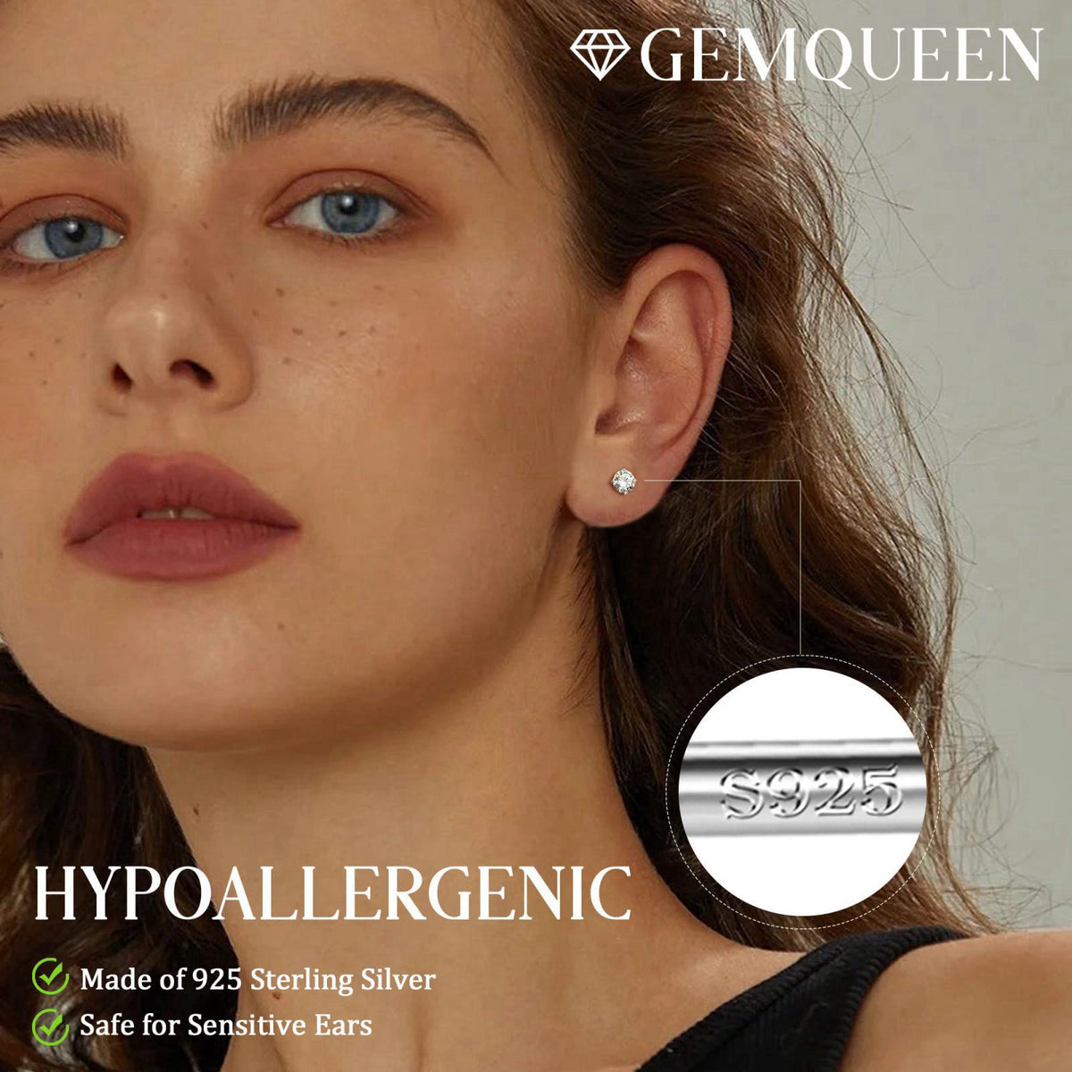 GEMQUEEN Moissanite Earrings Studs Solid 925 Sterling Silver Hypoallergenic – packaging and label