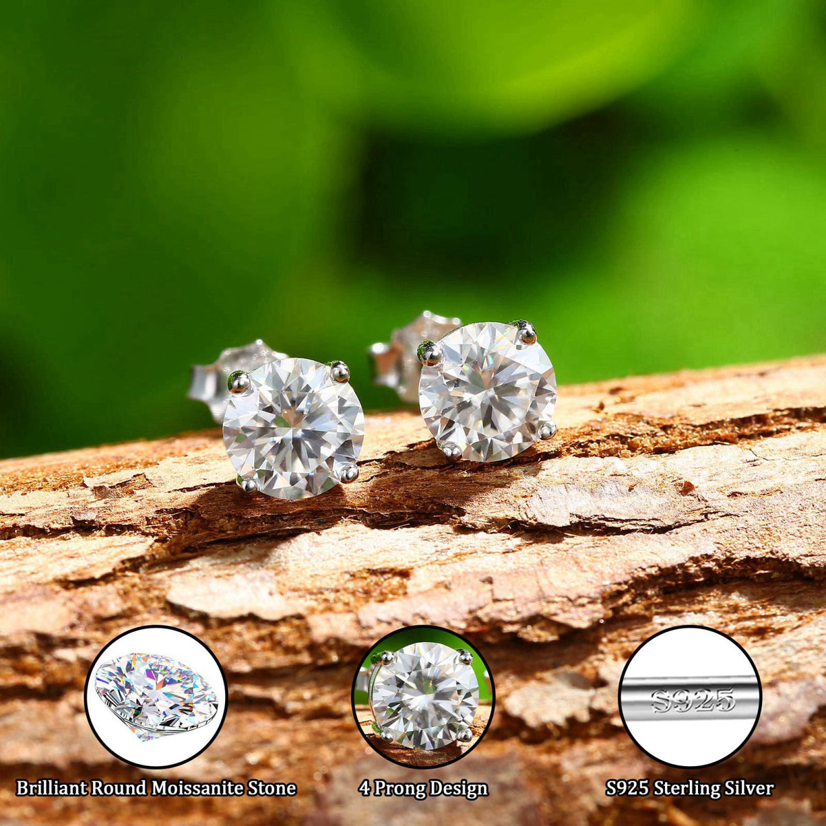 GEMQUEEN Moissanite Earrings Studs Solid 925 Sterling Silver Hypoallergenic – back view and specifications