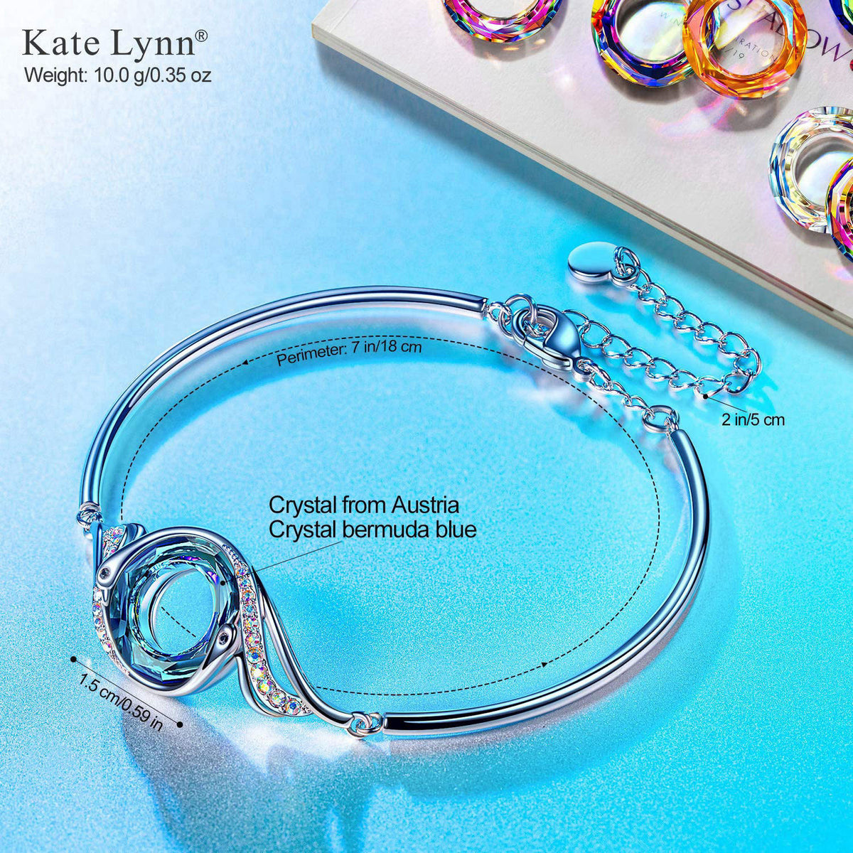 Kate Lynn Rise From the Ashes Phoenix Adjustable Bangle Bracelet for Women – close-up detail in Bermuda Blue
