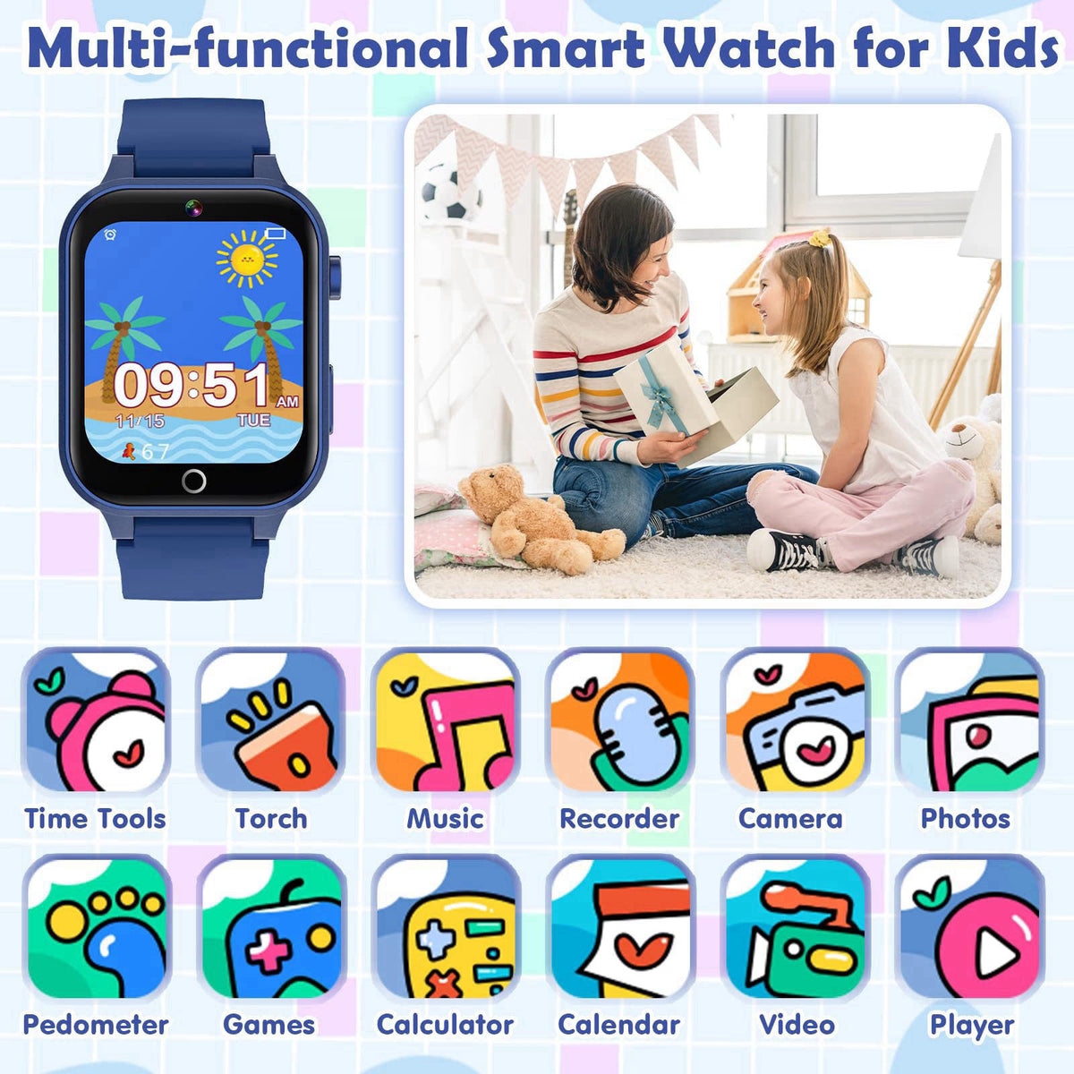 Luyiilo Smart Watch for Kids, 26 Puzzle Games HD Touch Screen Camera Alarm Clock – packaging and label
