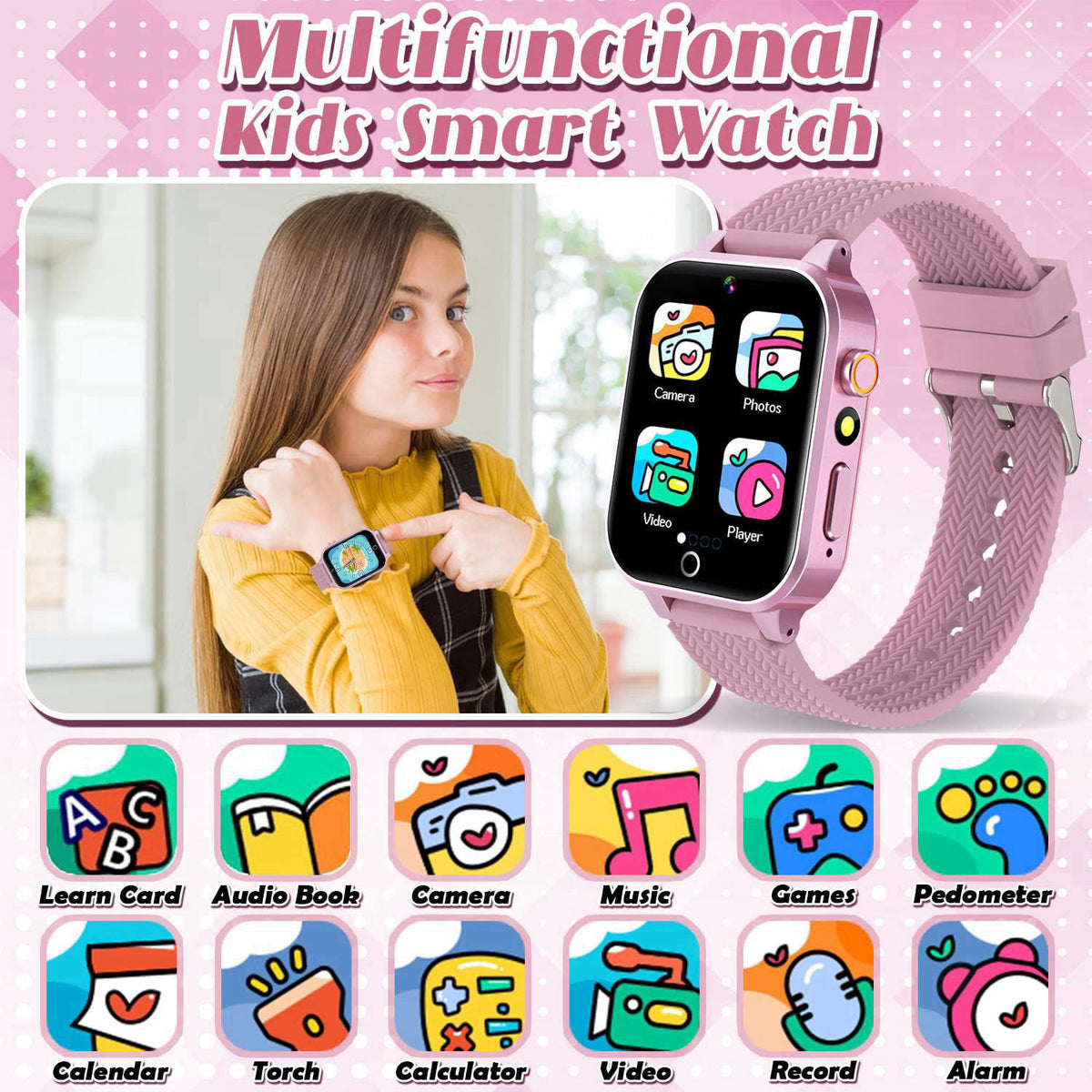 Tywop Kids Smart Watches for Girl Ages 3-12 with 2 HD Screen Protector Game Watch – close-up detail in Rose Gold
