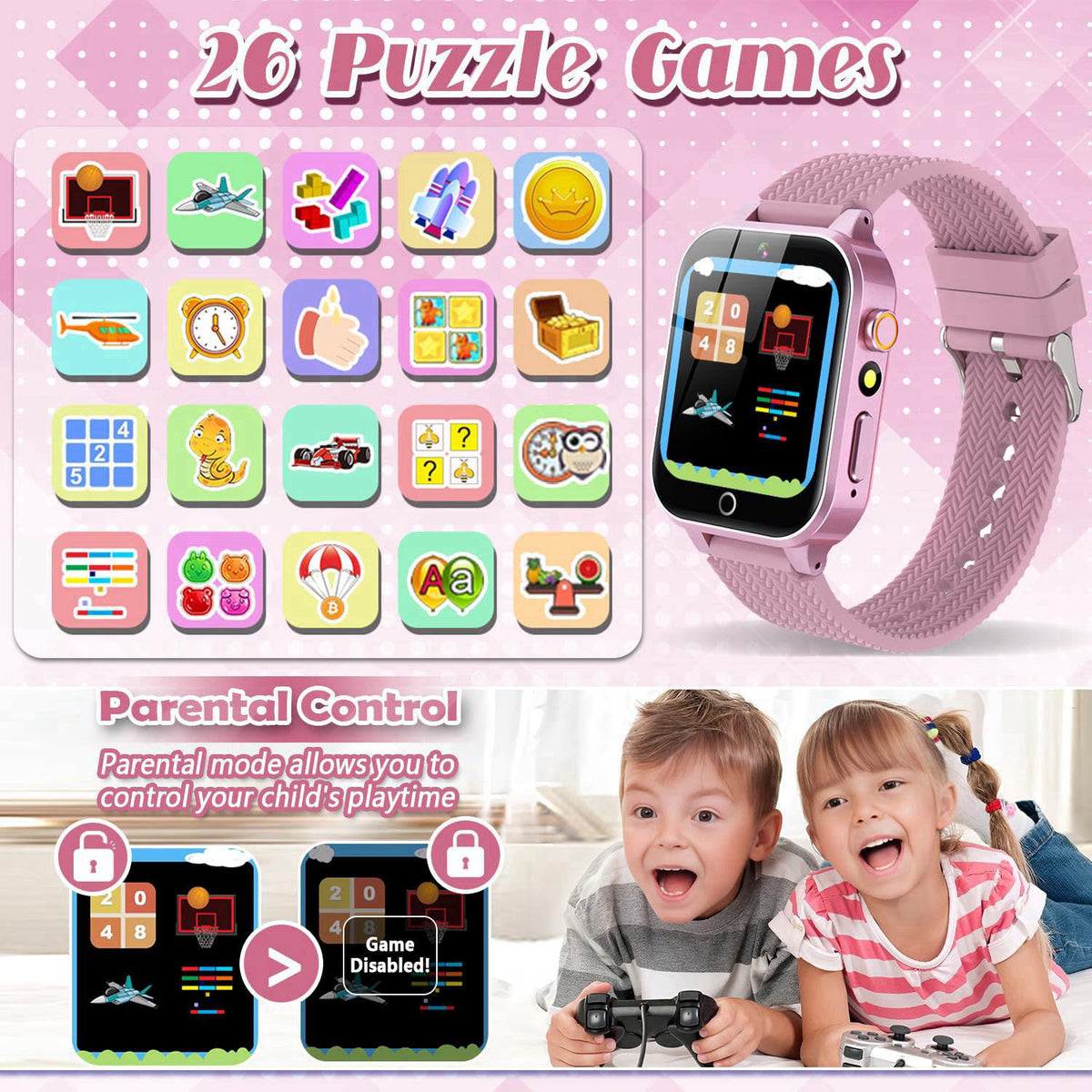 Tywop Kids Smart Watches for Girl Ages 3-12 with 2 HD Screen Protector Game Watch – full view, size 1.5 inches