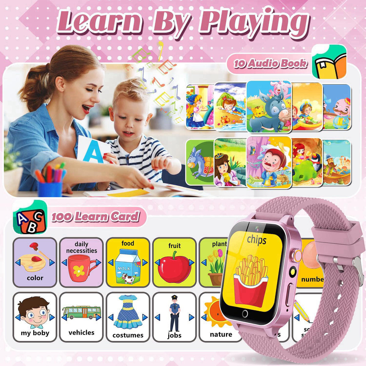 Tywop Kids Smart Watches for Girl Ages 3-12 with 2 HD Screen Protector Game Watch – back view and specifications