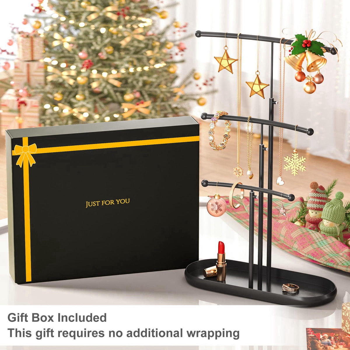 SZQINJI Jewelry Stand Organizer Metal Jewelry Tree Holder 3-Tier Black – full view