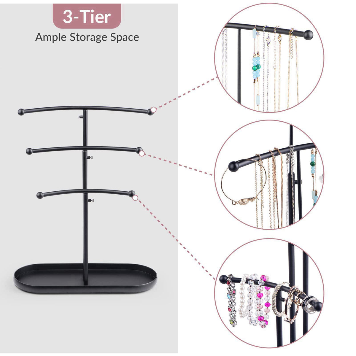 SZQINJI Jewelry Stand Organizer Metal Jewelry Tree Holder 3-Tier Black – back view and specifications