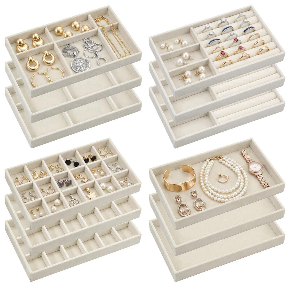 EupHHonycs 12Pcs Jewelry Drawer Organizer Inserts Stackable Small Velvet Jewelry Tray – beige, Velvet