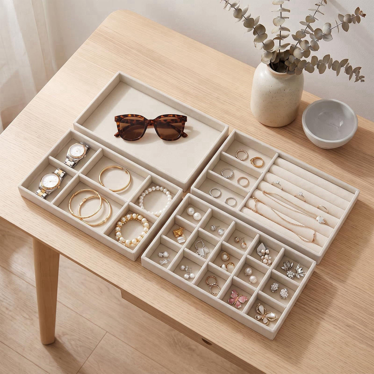 EupHHonycs 12Pcs Jewelry Drawer Organizer Inserts Stackable Small Velvet Jewelry Tray – close-up detail in beige