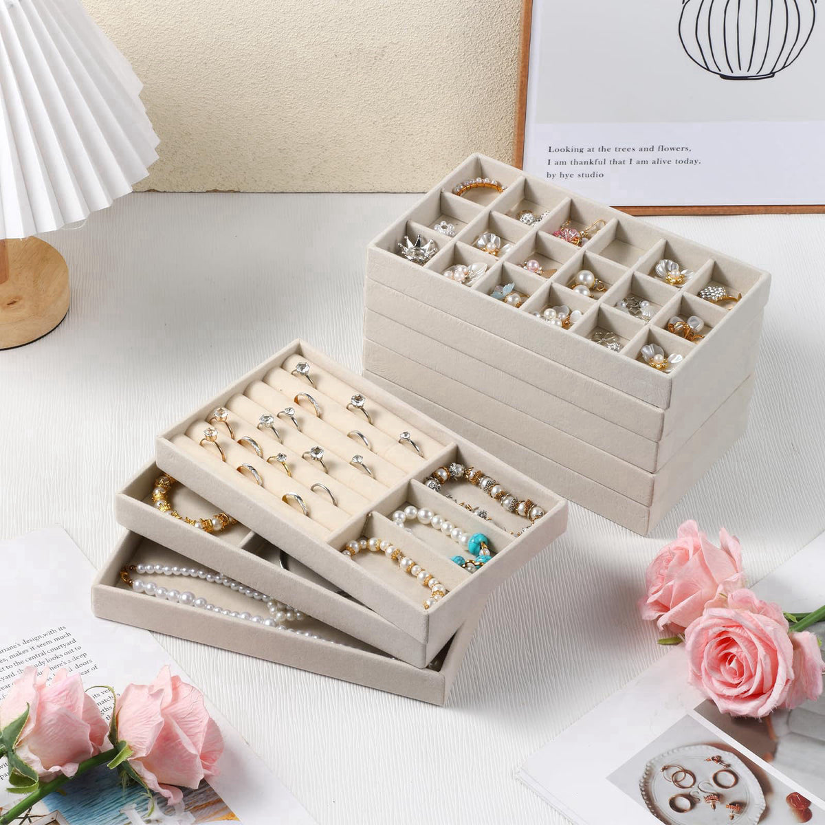 EupHHonycs 12Pcs Jewelry Drawer Organizer Inserts Stackable Small Velvet Jewelry Tray – full view