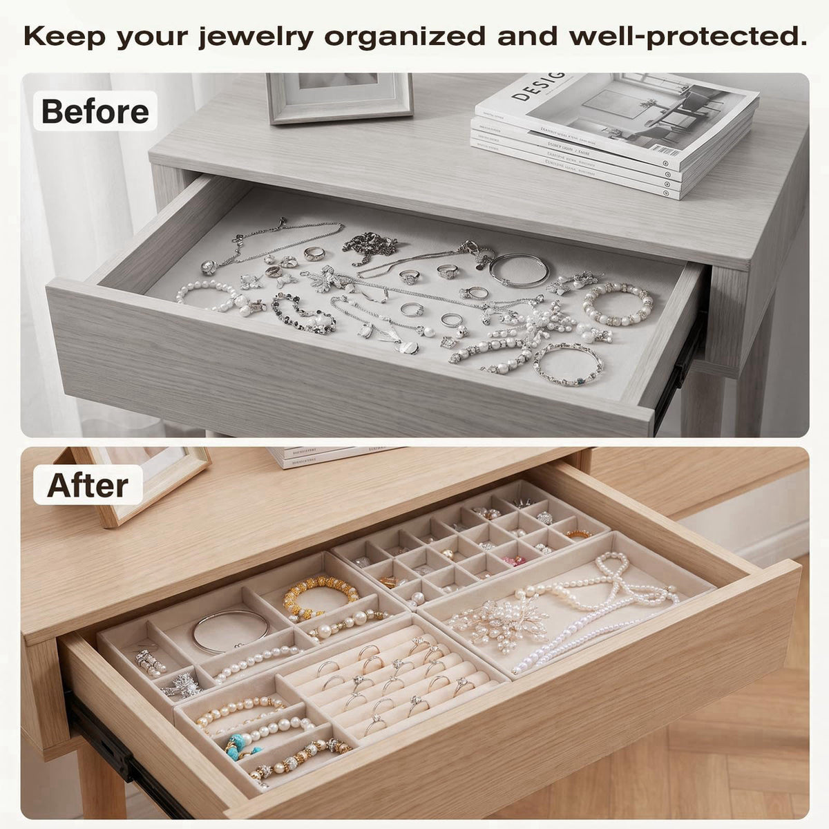 EupHHonycs 12Pcs Jewelry Drawer Organizer Inserts Stackable Small Velvet Jewelry Tray – back view and specifications