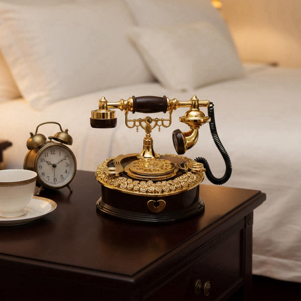 BuleVina Big Telephone Trinkets 7x8'' Vintage Musical Jewelry Box with Drawer, Heart Shaped Phone Music Boxes Retro Dial
