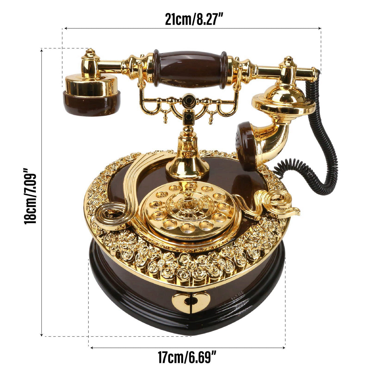 BuleVina Big Telephone Trinkets 7x8'' Vintage Musical Jewelry Box with Drawer, Heart Shaped Phone Music Boxes Retro Dial