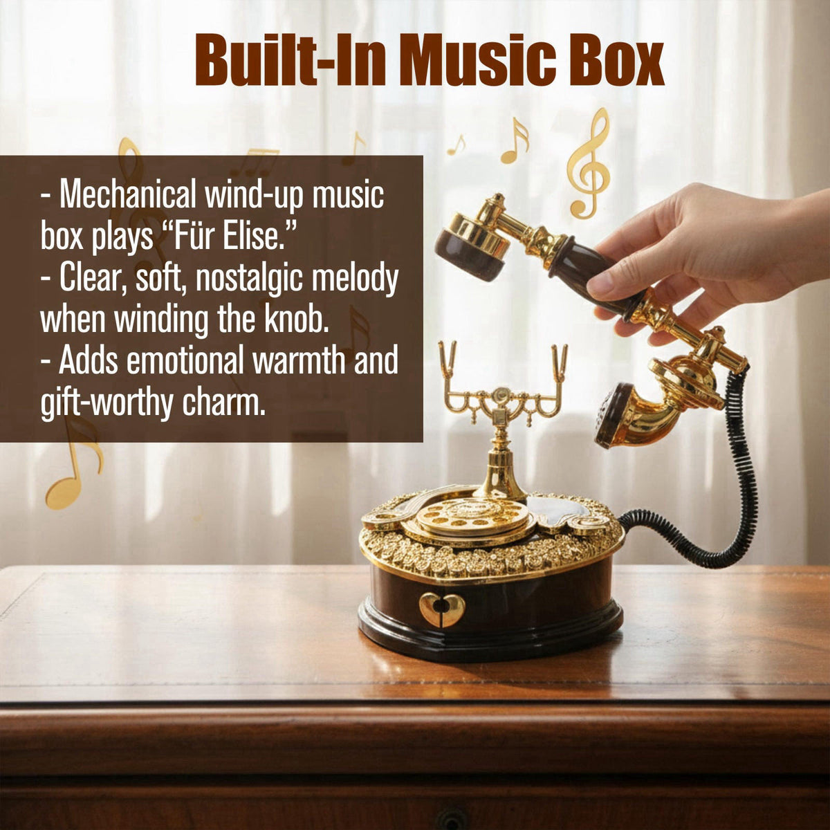 BuleVina Big Telephone Trinkets 7x8'' Vintage Musical Jewelry Box with Drawer, Heart Shaped Phone Music Boxes Retro Dial