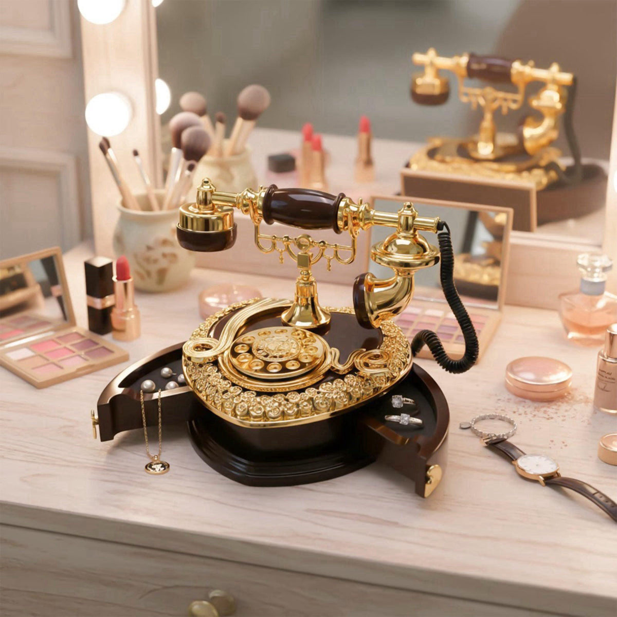 BuleVina Big Telephone Trinkets 7x8'' Vintage Musical Jewelry Box with Drawer, Heart Shaped Phone Music Boxes Retro Dial