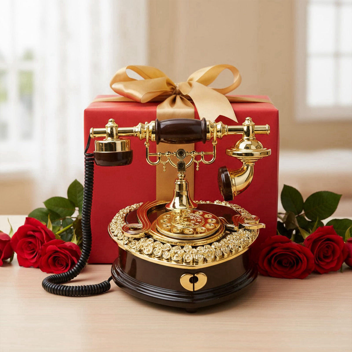 BuleVina Big Telephone Trinkets 7x8'' Vintage Musical Jewelry Box with Drawer, Heart Shaped Phone Music Boxes Retro Dial