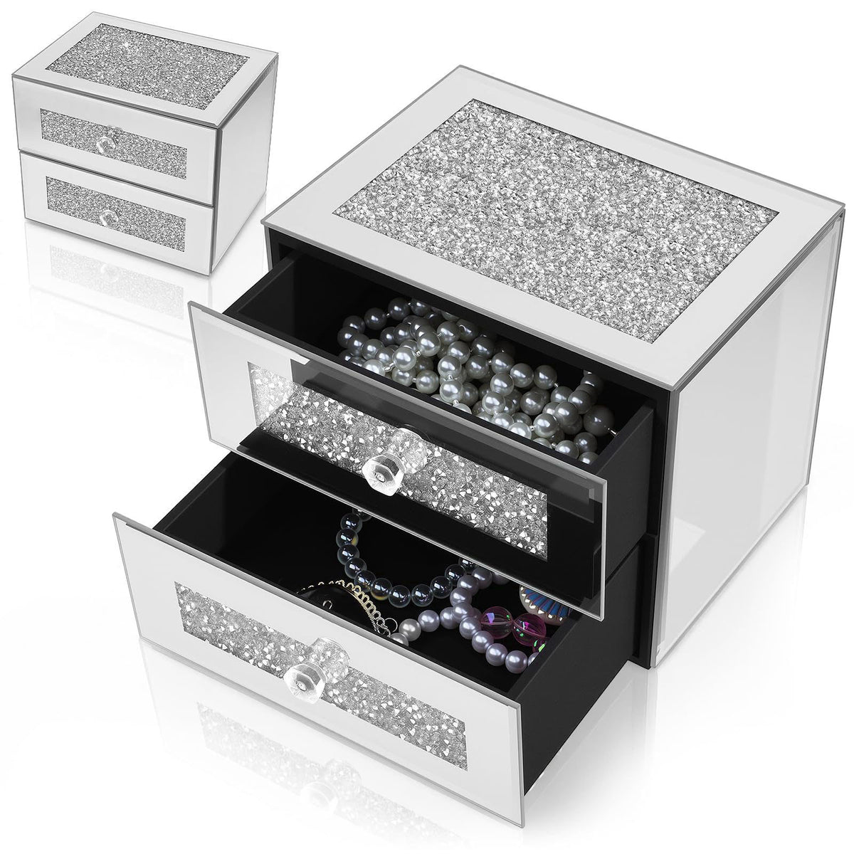 Kenning Mirrored Jewelry Box 2 Layer Glass Silver Box for Women – product photo (Jewelry Boxes)