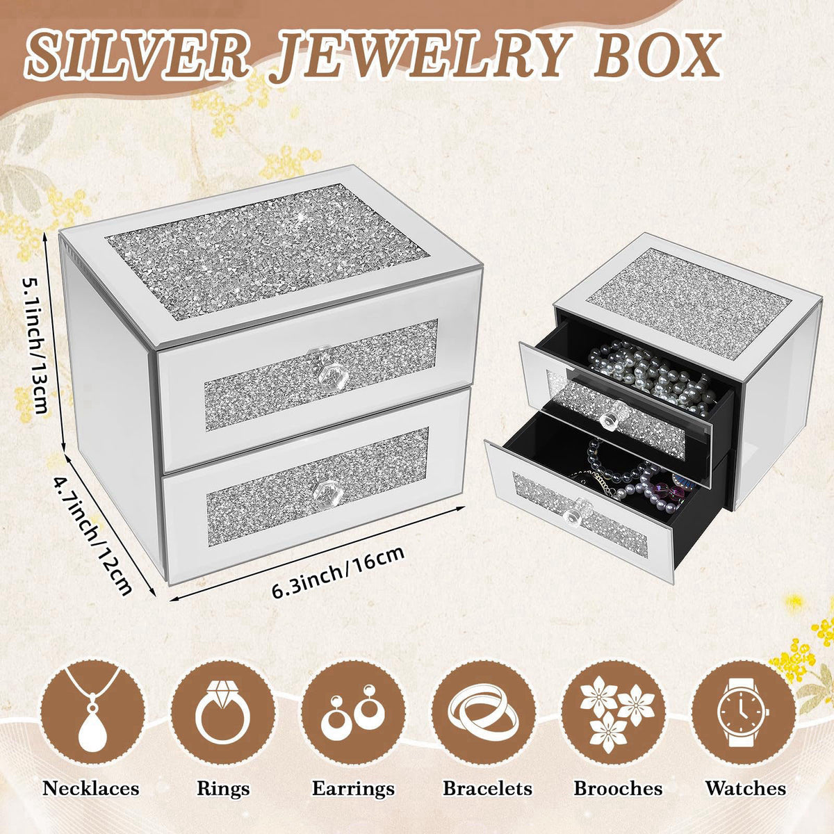 Kenning Mirrored Jewelry Box 2 Layer Glass Silver Box for Women – packaging and label