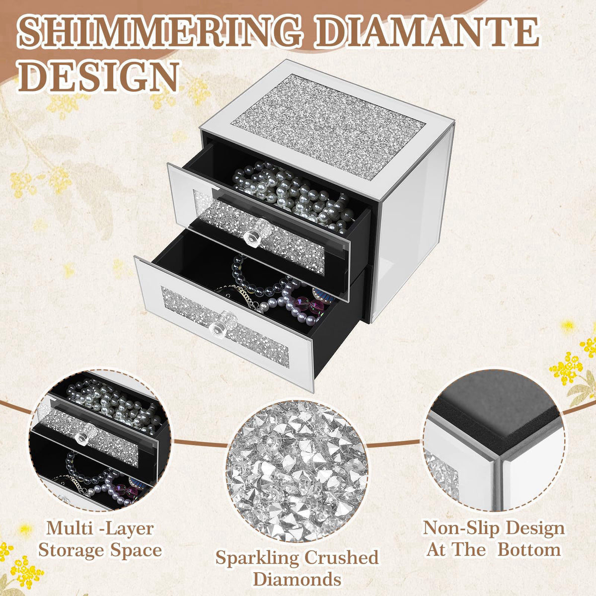 Kenning Mirrored Jewelry Box 2 Layer Glass Silver Box for Women – full view