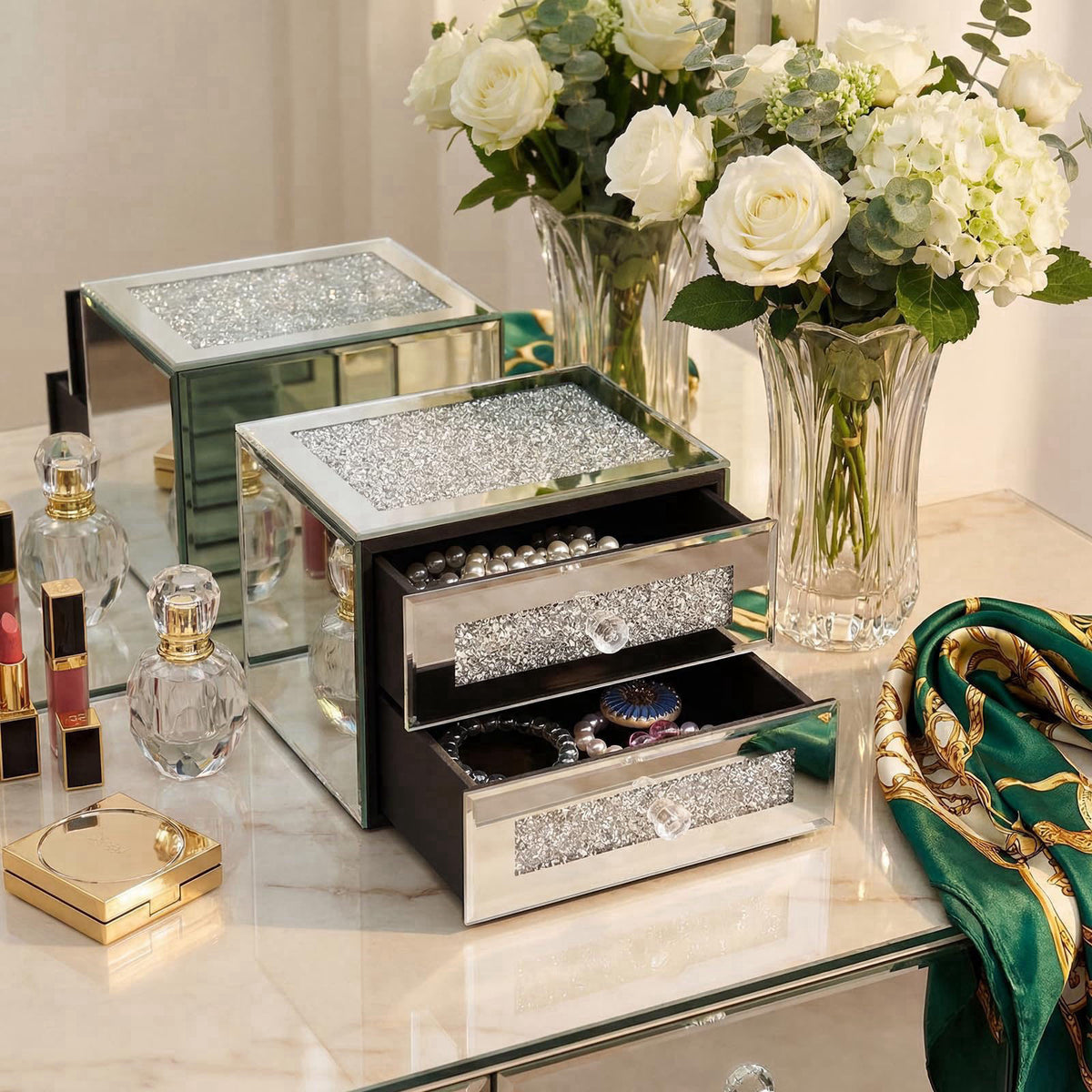 Kenning Mirrored Jewelry Box 2 Layer Glass Silver Box for Women – alternate angle