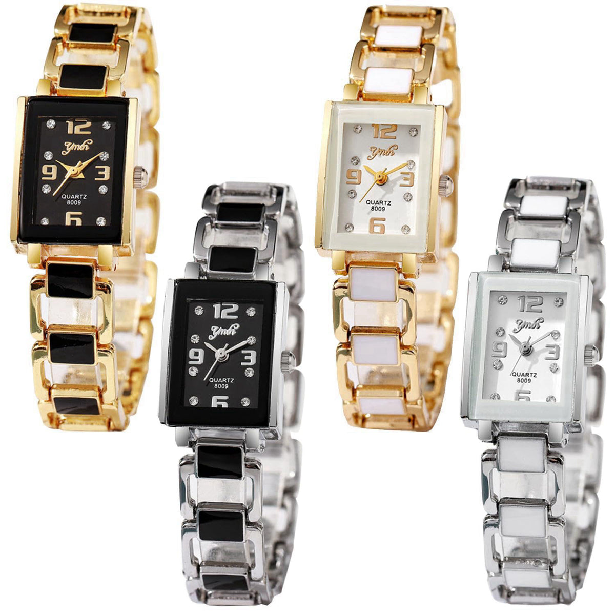 dayutech 4 Pack Women's Rectangular Watches Vintage Dress Analog Quartz Ladies Ceramic Bangle Bracelet White Rose Gold S